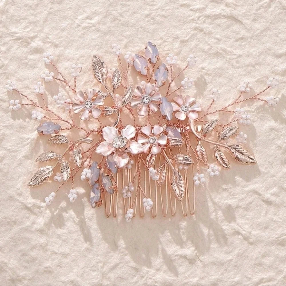 Bridal Comb Rose Gold Floral Leaves Rhinestone Faux Pearl Wedding Hair Comb